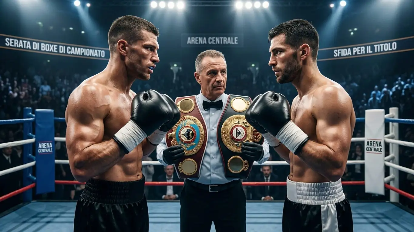 Due campioni di boxe si fronteggiano sul ring con le cinture in palio