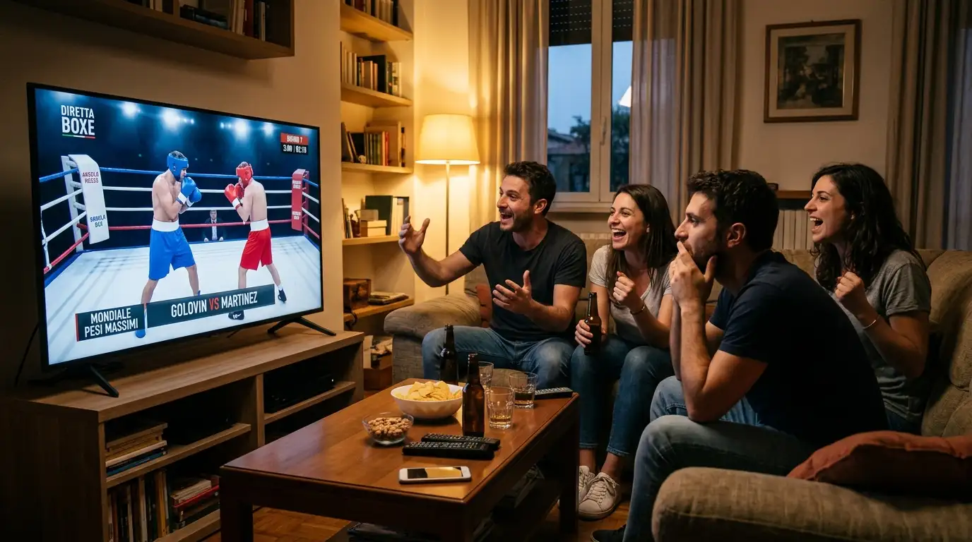 Pubblico segue un grande incontro di boxe in streaming dal divano di casa