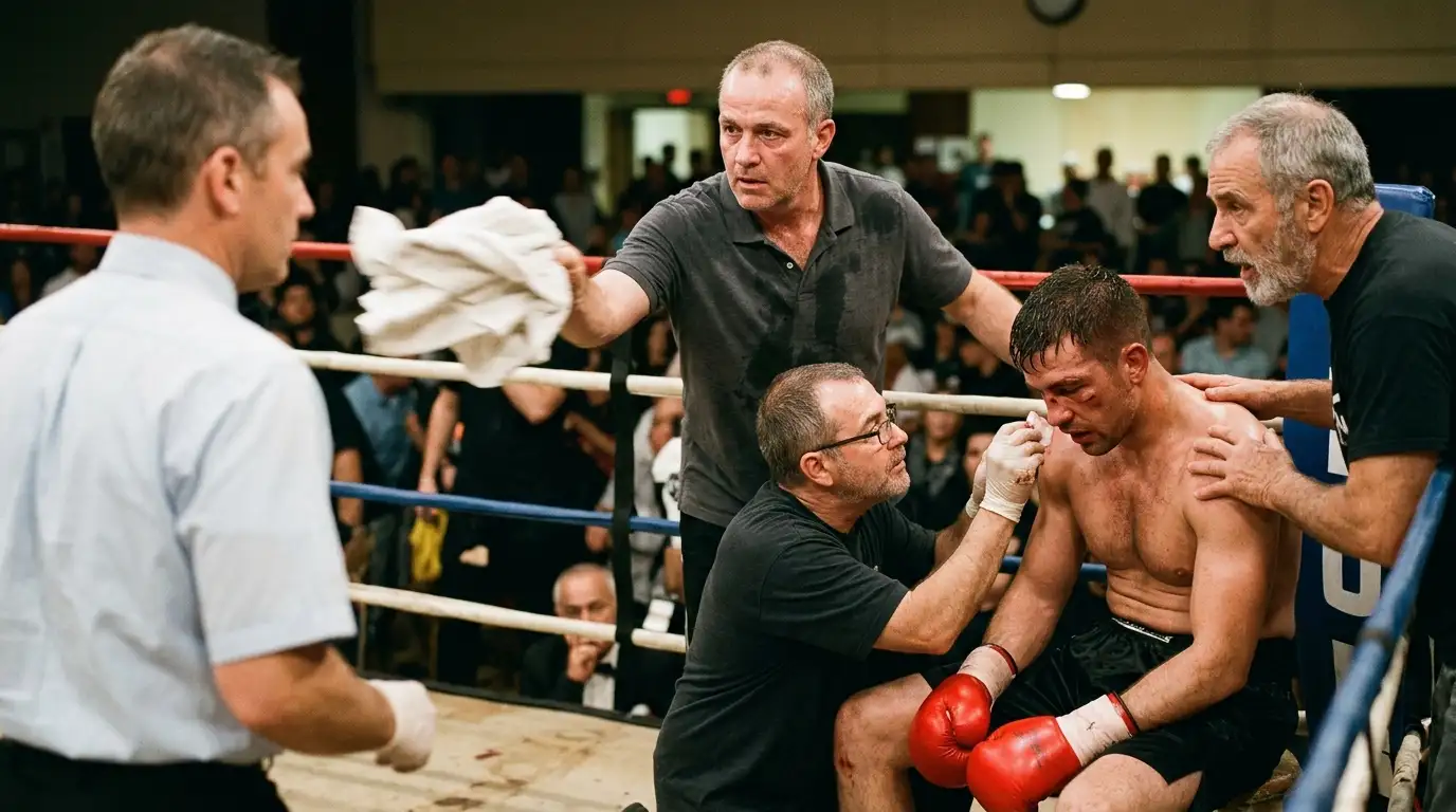 Angolo di un pugile che getta la spugna durante un incontro di boxe