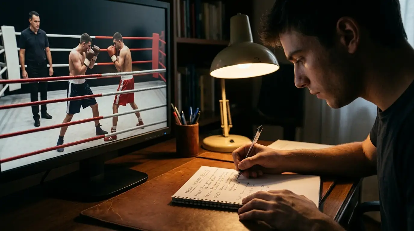 Persona prende appunti su un blocco mentre studia le quote di un incontro di boxe
