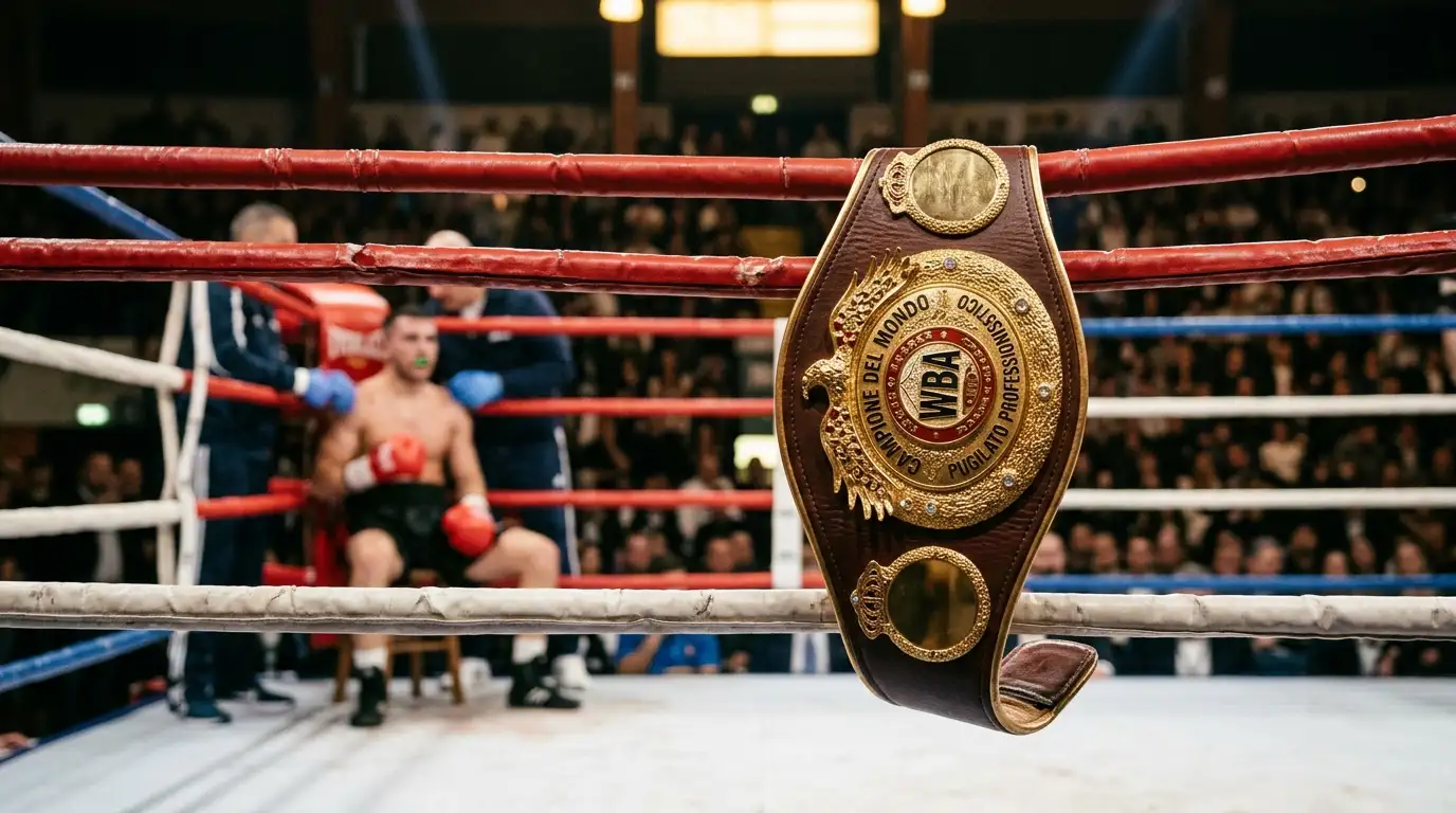 Cintura di campione del mondo di boxe appoggiata sulle corde del ring