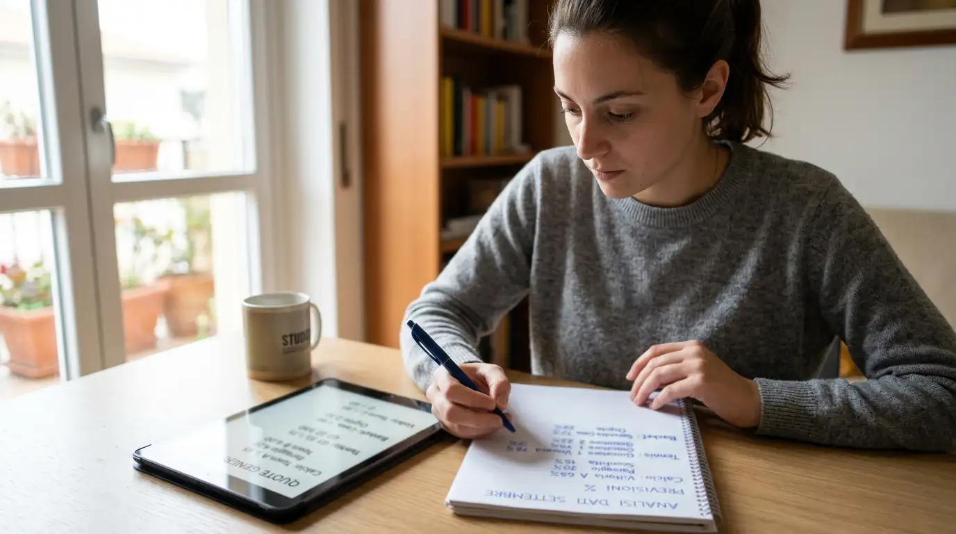 Persona che analizza un foglio di appunti con percentuali a fianco di un tabellone di quote