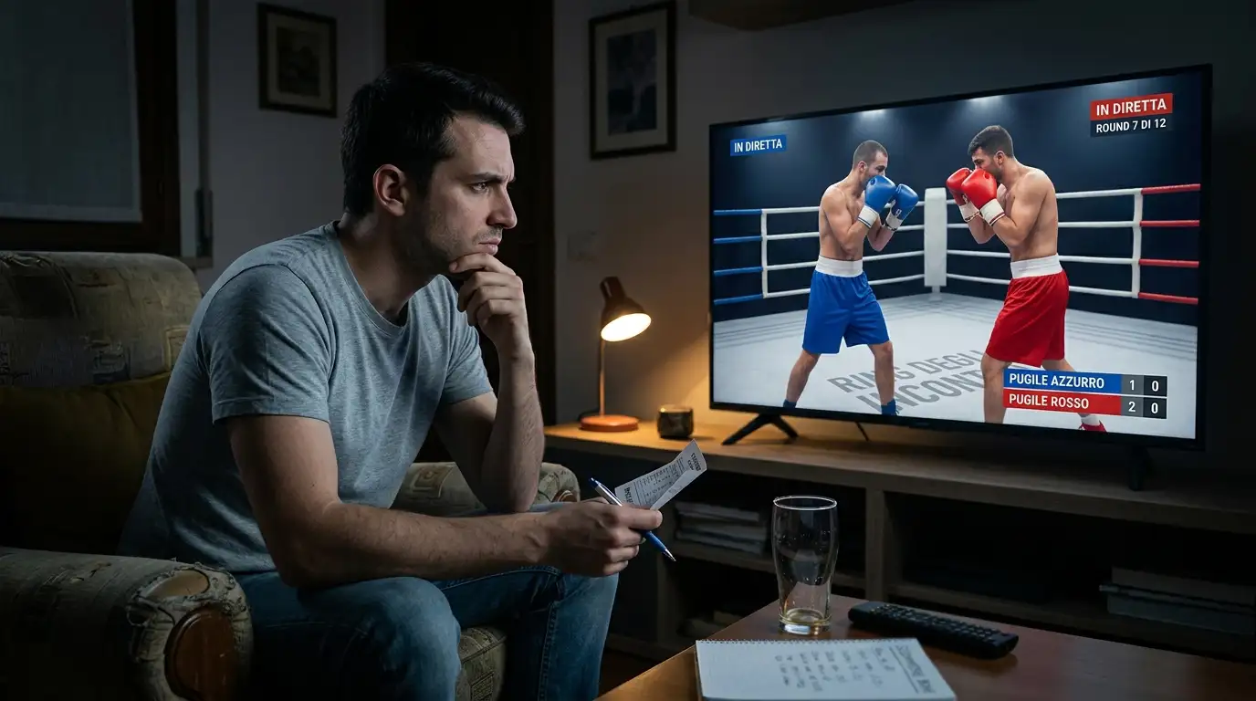Scommettitore pensieroso davanti a un incontro di boxe trasmesso in televisione