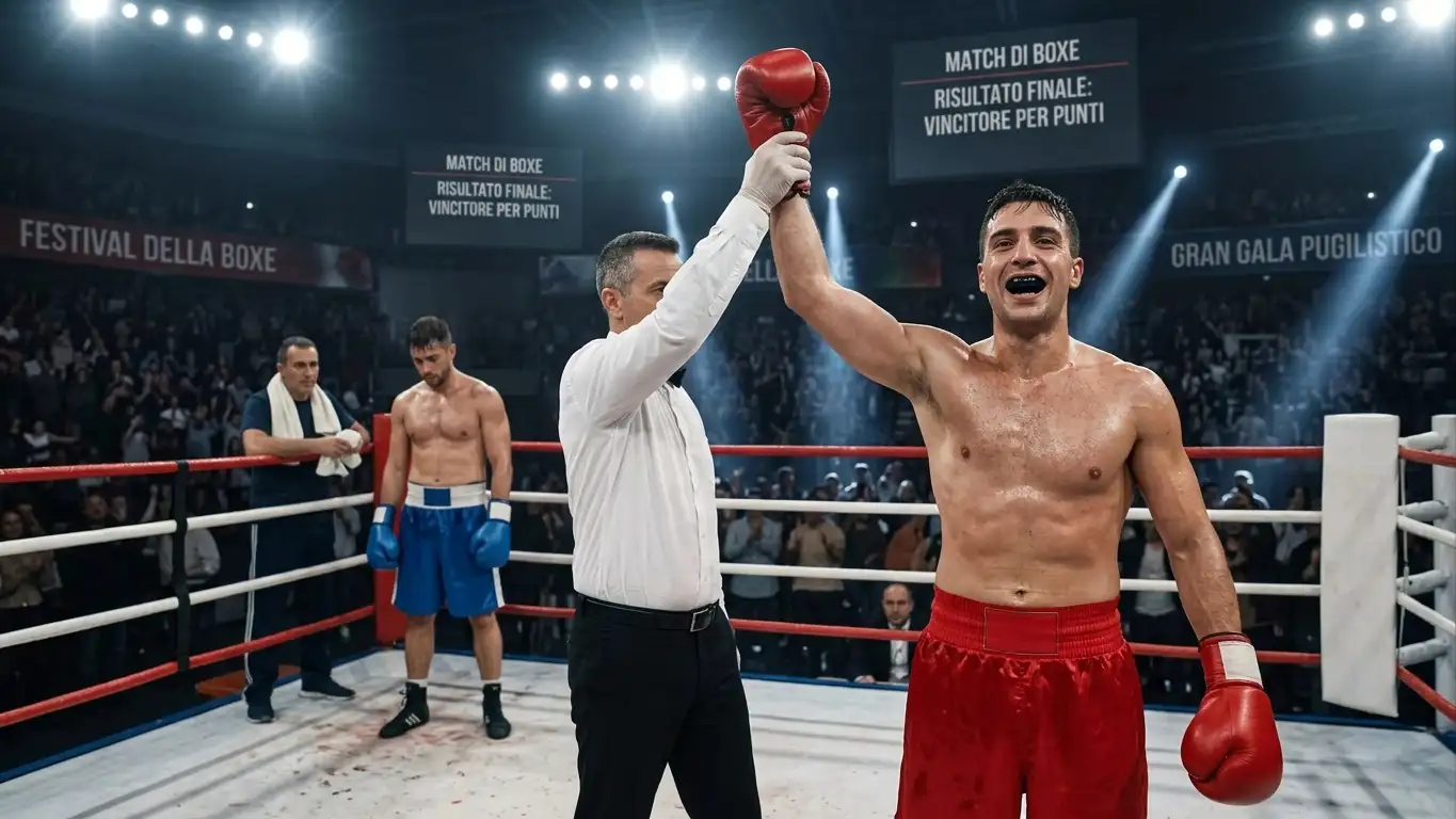 Arbitro alza il braccio del pugile vincitore al centro del ring a fine incontro