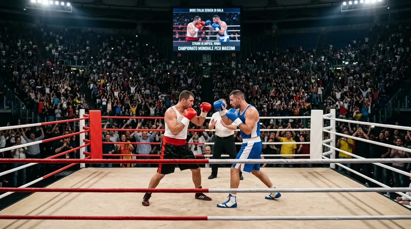 Arena affollata con il ring illuminato al centro durante un grande evento di boxe