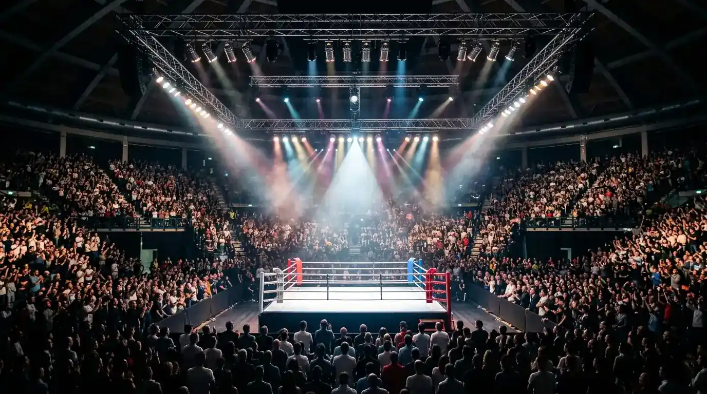 Arena gremita illuminata per un grande evento internazionale di pugilato con ring centrale