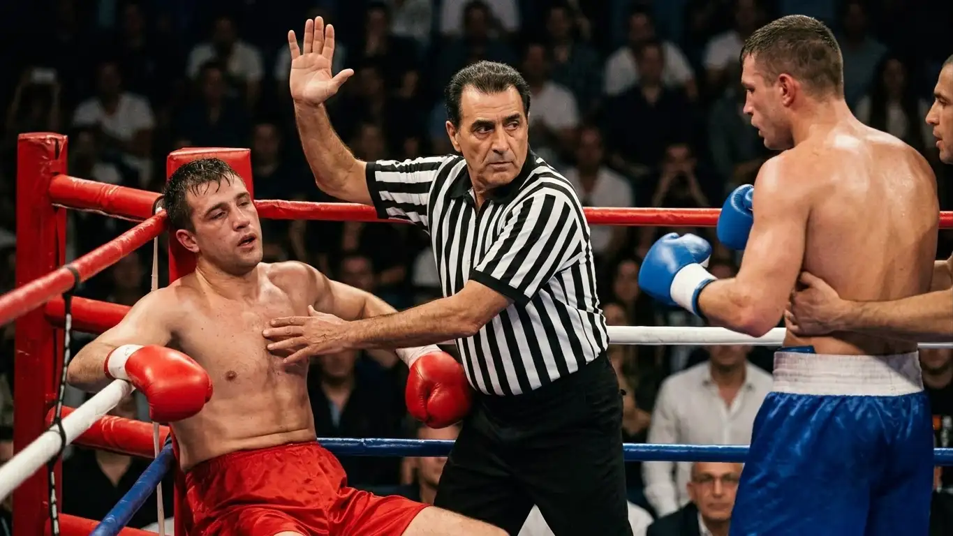 Arbitro che ferma un incontro di boxe per stop tecnico sopra un pugile a terra