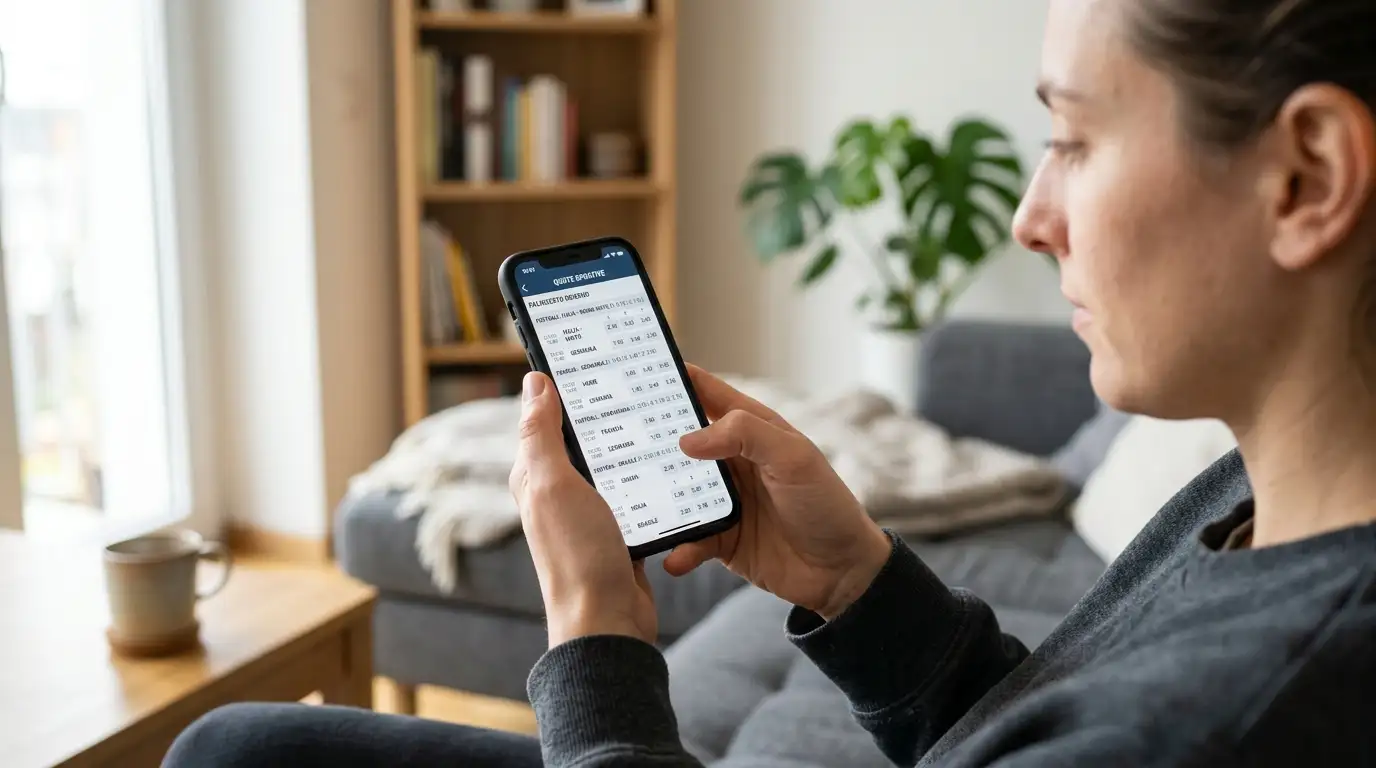 Persona che consulta un palinsesto di quote sportive sullo schermo di uno smartphone