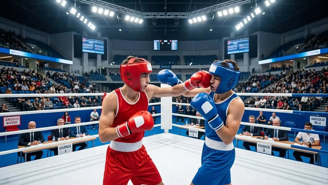 Pugili in un torneo olimpico di pugilato con caschetto protettivo sul ring