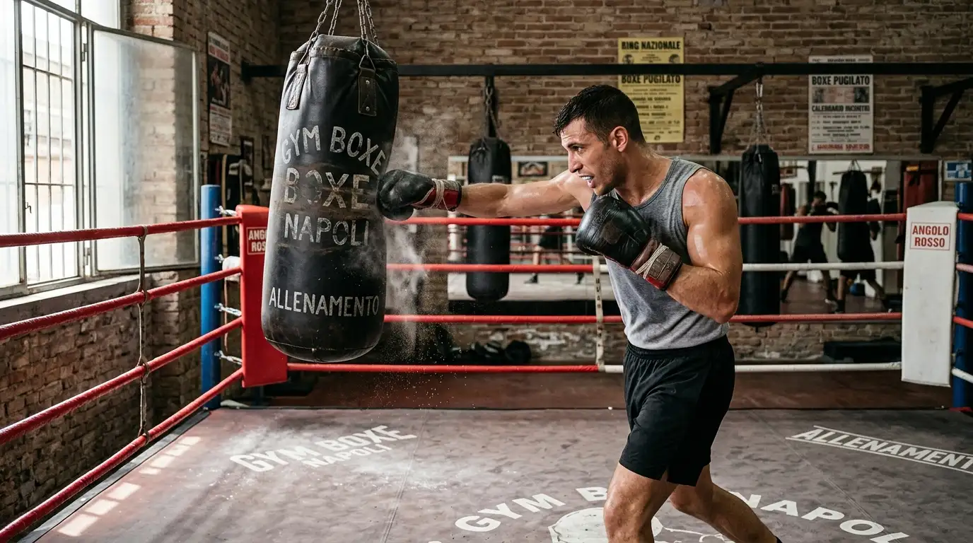 Pugile colpisce un sacco in palestra mentre allena la potenza per l'incontro