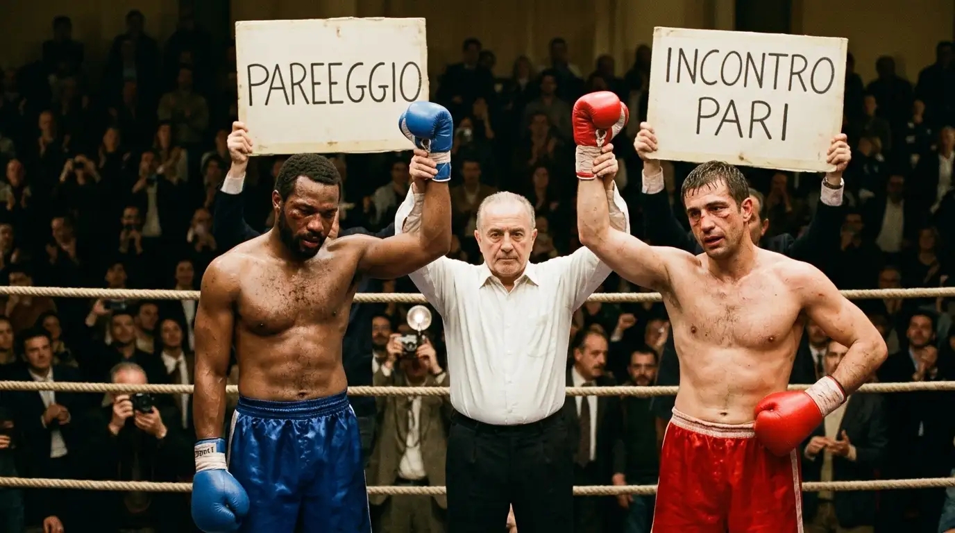 Due pugili che si guardano dopo un verdetto di pareggio a fine incontro