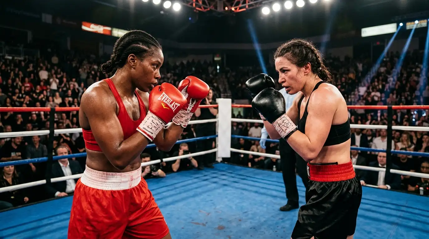 Due pugili donne si fronteggiano sul ring durante un incontro di boxe femminile