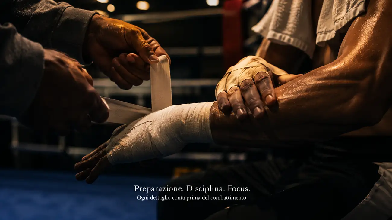 Mani fasciate di un pugile prima del match, simbolo delle quote boxe da interpretare
