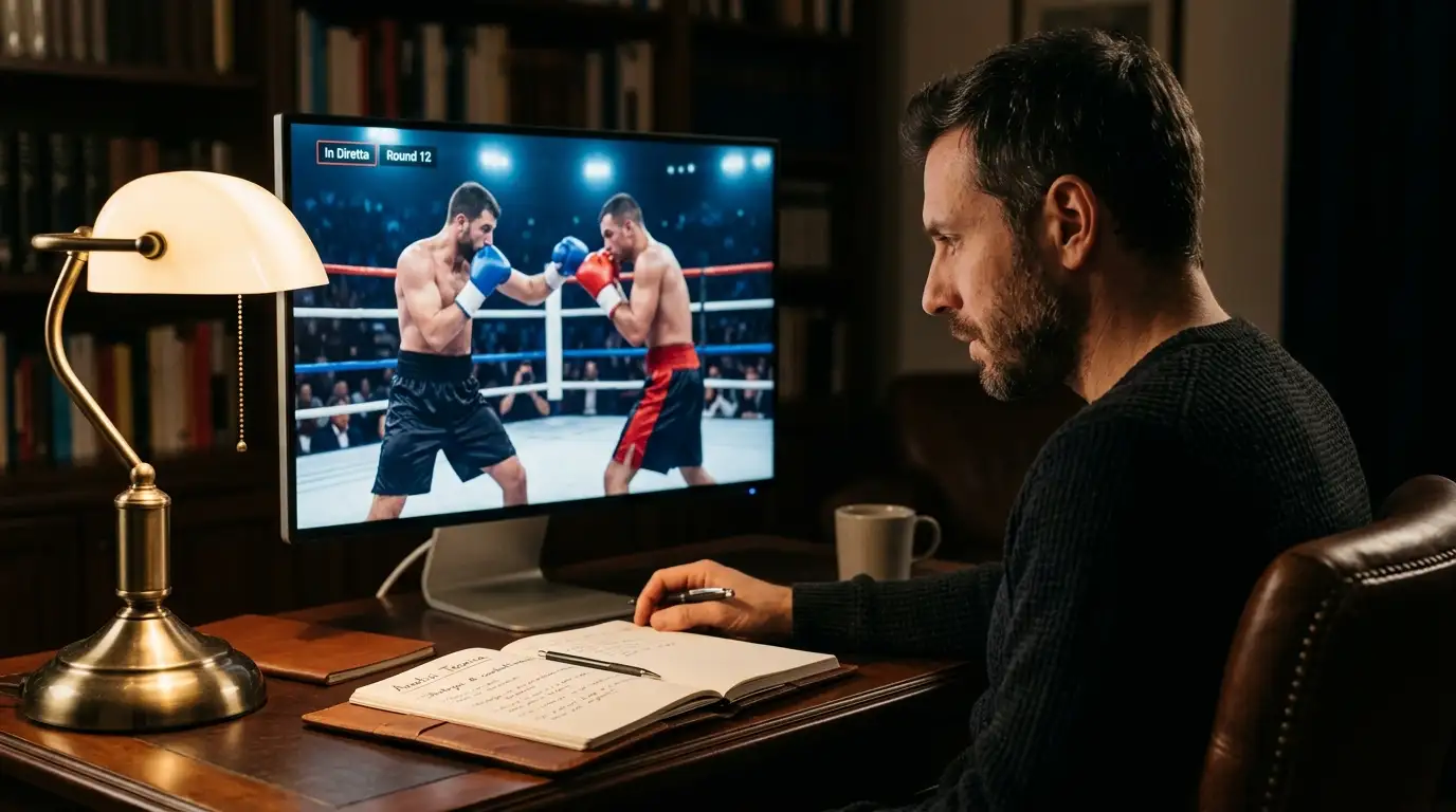 Analista osserva con attenzione un incontro di boxe per valutare il mercato giusto