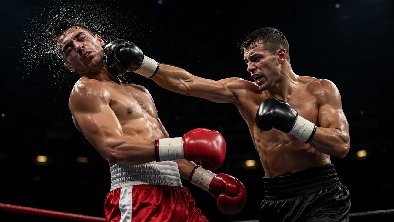 Pugile che mette a segno un colpo da knockout sull'avversario sul ring