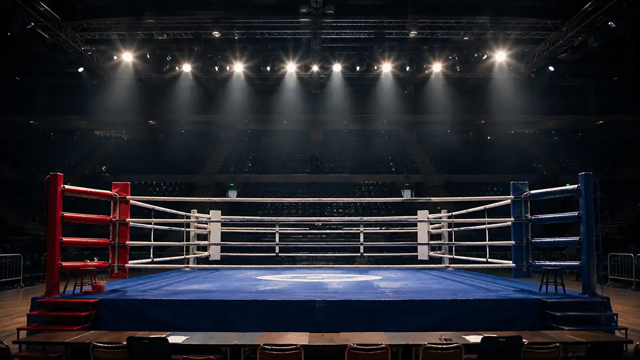 Ring di boxe illuminato in un'arena italiana, contesto delle scommesse legali sul pugilato