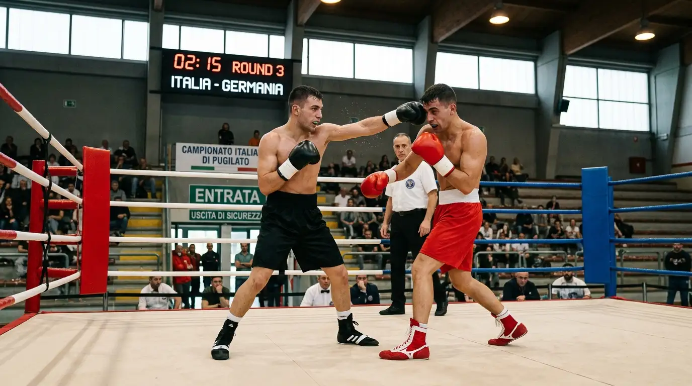 Ring di boxe in un palazzetto italiano pronto per un incontro ufficiale