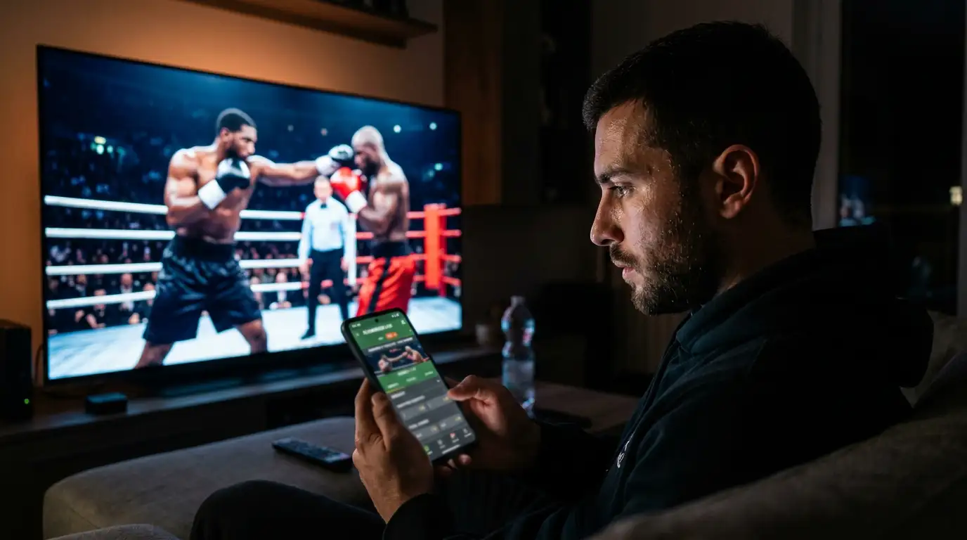 Scommettitore che segue un incontro di boxe in diretta puntando dal telefono