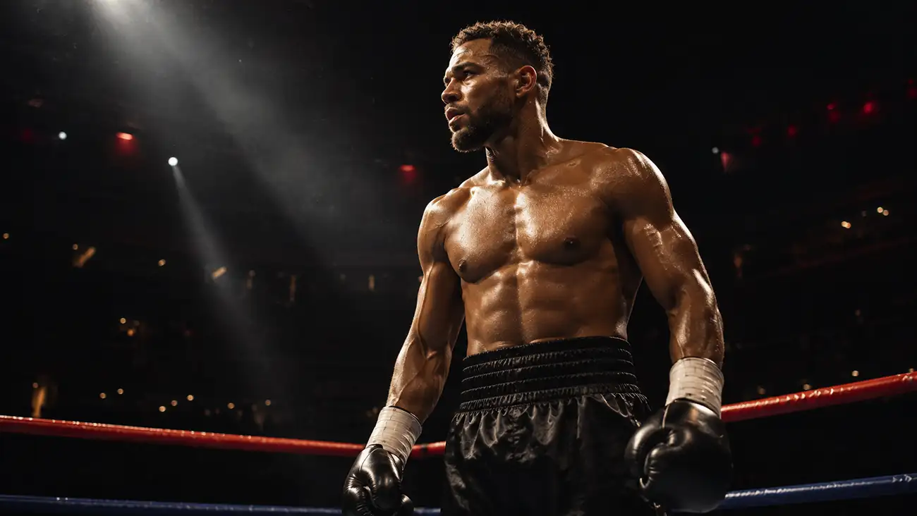 Pugile sul ring inquadrato mentre studia l'avversario prima di un incontro di boxe