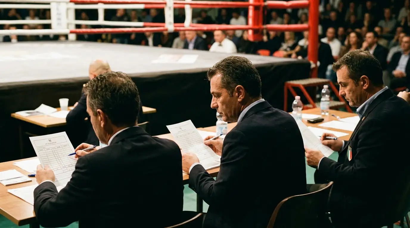 Tre giudici di boxe che mostrano valutazioni differenti a bordo ring