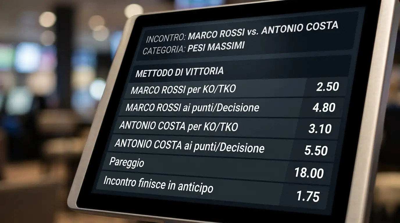 Schermo con le quote dei diversi metodi di vittoria di un incontro di boxe