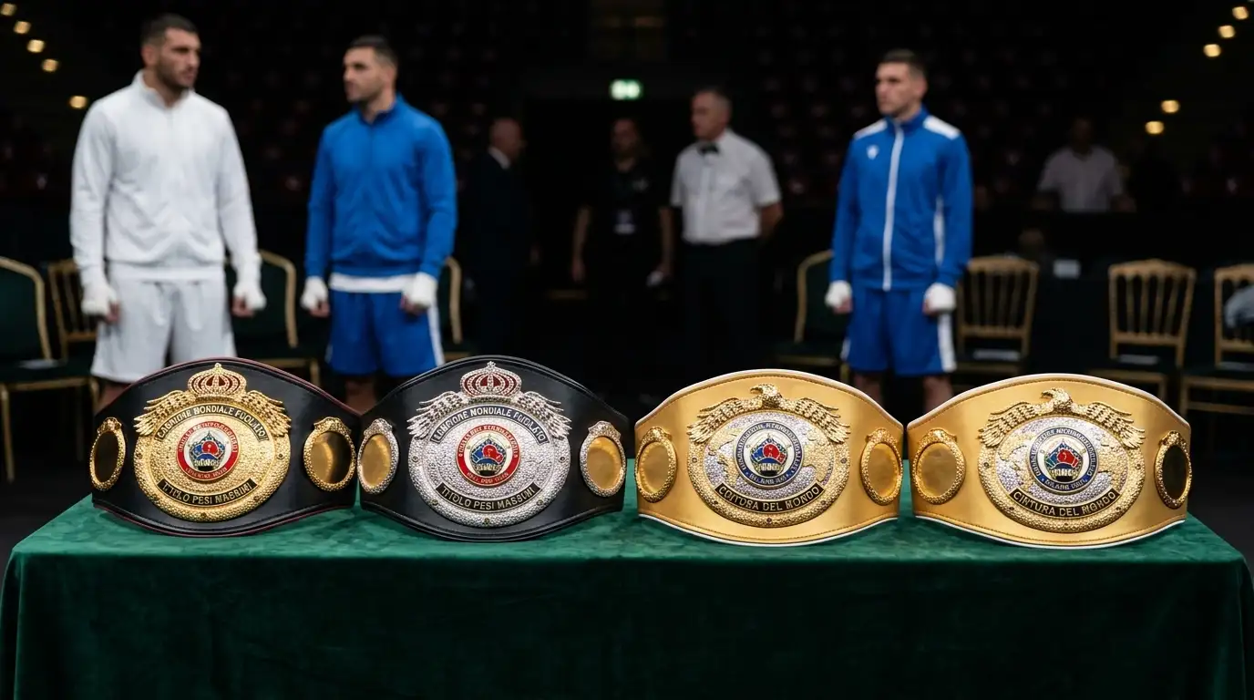 Diverse cinture dei titoli mondiali di boxe allineate prima di un evento
